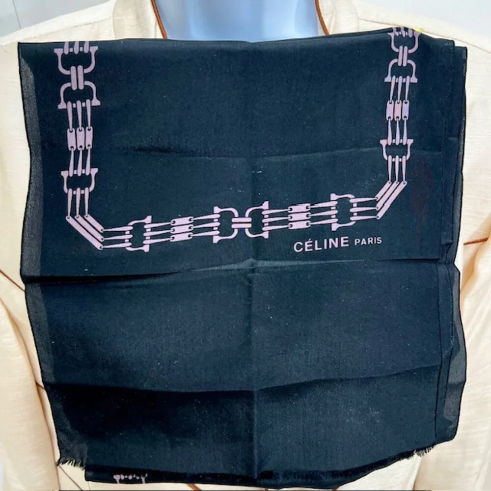 Celine silk scarf rayon length 47" x10" Authentic Black gold logo Fringe ( 47) - Picture 2 of 7